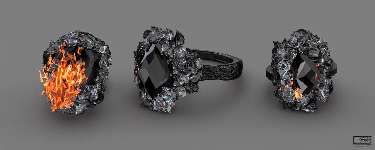 Image similar to black magic crystal ring, fire, flame, ashes, smooth, crystal, engravings, diamonds, product design, jewelry, colorful, art by gerald brom, greg rutkowski and artgerm, photo realism, unreal engine, c 4 d