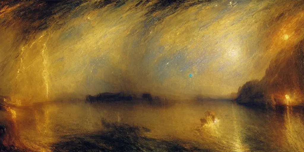 Image similar to stunning river landscape with sky full of galaxies by j. m. w turner