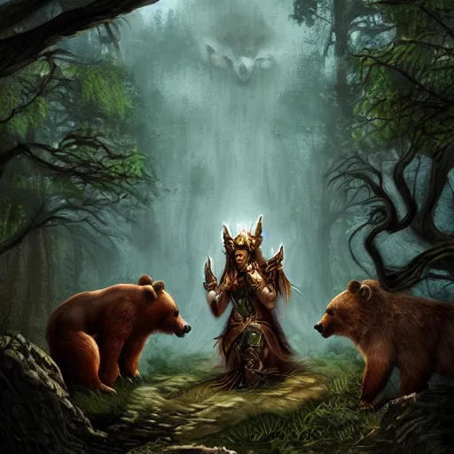 Image similar to elven druid summoning bears in the forest, diablo 2 inspired, trending on artstation, ultra fine detailed, hyper detailed, hd, concept art, digital painting