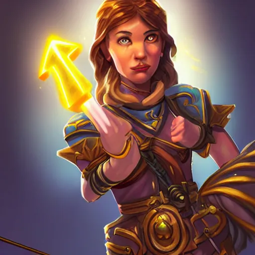Prompt: beautiful female archer, yellow lighting, emma waston face, in hearthstone art style, epic fantasy style art, fantasy epic digital art, epic fantasy card game art