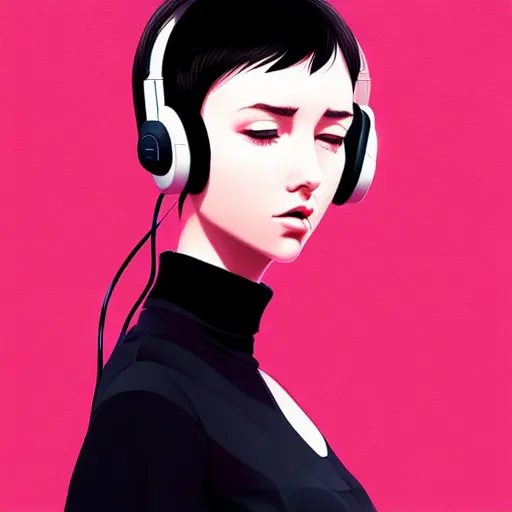 Prompt: a woman with headphones on, digital painting masterpiece, by ilya kuvshinov and rockin jellybean