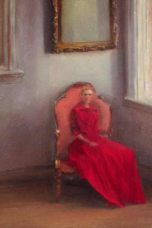 Image similar to an empty red dress laid across a chair in a dark victorian era room. in the style of american impressionism painting.