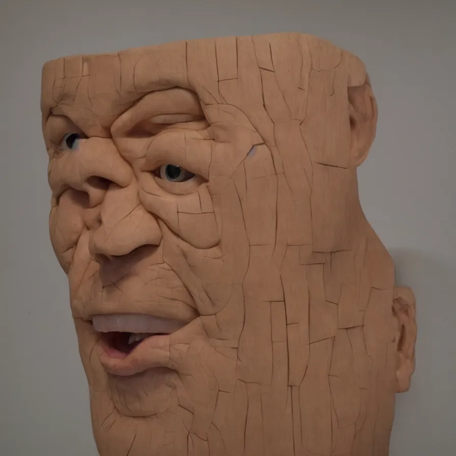 Image similar to hyperrealistic sculpture of a human face smiling carved out of pine plywood on a pedestal by duane hanson and donald judd, hyperrealistic dramatic colored lighting trending on artstation 8 k