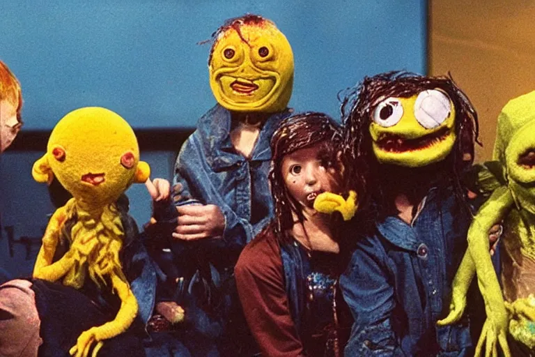 Image similar to full color frame from a live action 1972 kids show with Cthulhu, sad cheese puppet, and the friends, horror, grunge, wet, upsetting