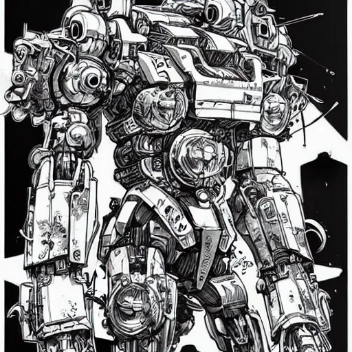 Image similar to sci - fi mecha cute zombie character concept design ， trending on artstation ， intricate ink drawing, highly detailed in the style of ashley wood, moebius and tsutomu nihei, - h 8 9 6