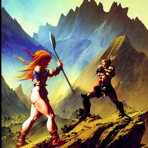 Image similar to crono stands atop a mountain of as marle and ayla clutch his legs, epic painting by frank frazetta