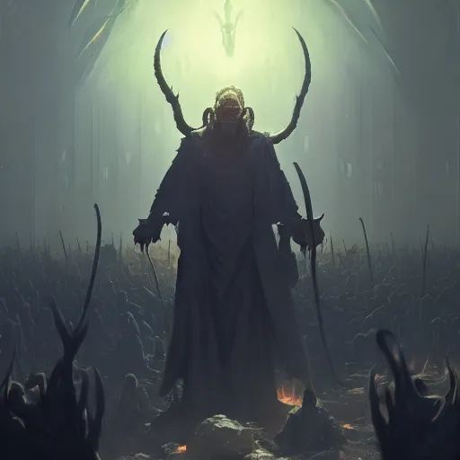 Image similar to pat robertson in hell lording over his army of demons, greg rutkowski, trending on artstation, 8 k