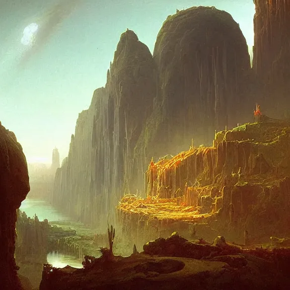 Prompt: “Flan, science fiction matte painting, highly detailed, Thomas Cole”