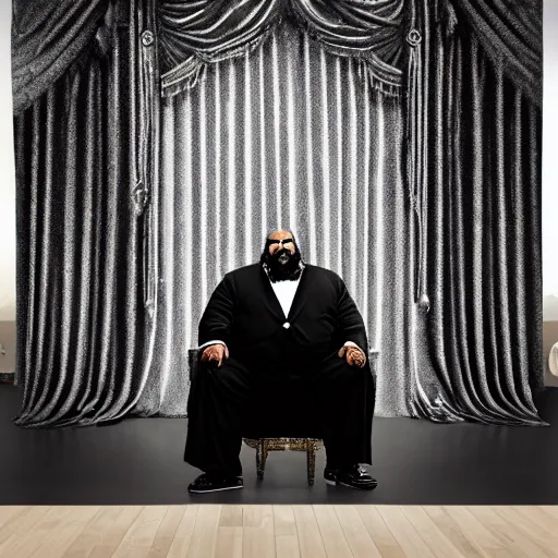 Prompt: Large black man sitting on throne wrapped in silk, background made of large folding curtains, dark, hyper detailed, hyper realistic, 8K photo realistic, black and white color, dimly lit, butterfly lighting, dark, style of rafael pavarotti