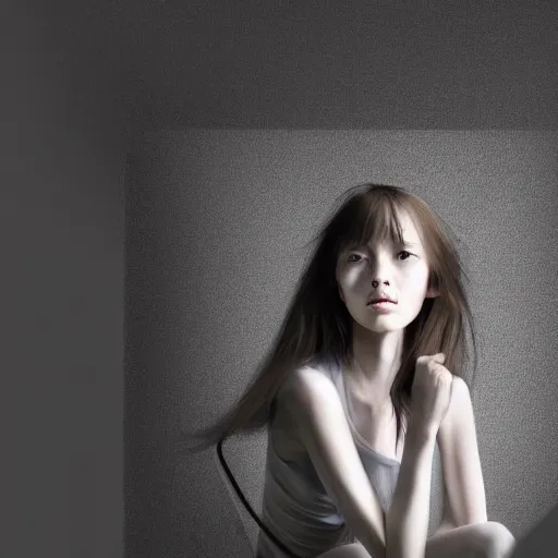 Image similar to a pretty young skinny woman who is very depressed and feeling hopeless sitting in the corner of her room waiting for The End. fractal lighting. machine shadowing. an amazing illustration by the greatest living illustrators of Japan. ultra detail. ultra shadowing. ultra graphics. ray tracing graphics. supreme colors. ultra image. perfect lighting. perfect pose. uplifting image. hopeful image. she has soft features, feminine features, cute face, long black hair, wearing a tye dye t-shirt and short black shorts. close up of her face. looking at camera askance. life-like illustration.