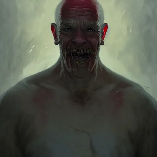 Image similar to portrait of a red bald man with black eyes and a black teeth, horror, glowing eyes, by Stanley Artgerm Lau , greg rutkowski, thomas kindkade, alphonse mucha, loish, norman rockwell. Trending on artstation detailed illustration hd 4k