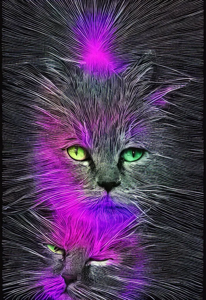 Image similar to stacked plot of radio emissions from a pulsar, abstracted light refractions and stripy interference, making up a fluffy cat, isolated on black, highly detailed high resolution, silk screen t-shirt design in the style of FELIPE PANTONE 4K