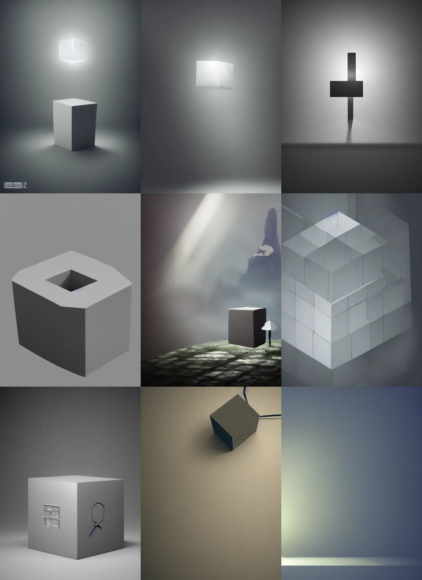 Prompt: an artistic render of a grey cube, studio ghibli, dramatic lighting, HD, 4K