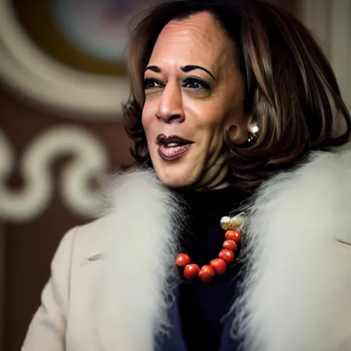 Image similar to Kamala Harris as cruella devilla, 8k, Disney, professional photography, cinematic shot, dark, smoke