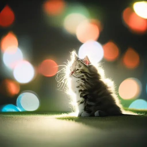 Image similar to Photo of a cute very, very, extra, fluffy kitten playing with bokeh's of light. Whimsical. Magical.