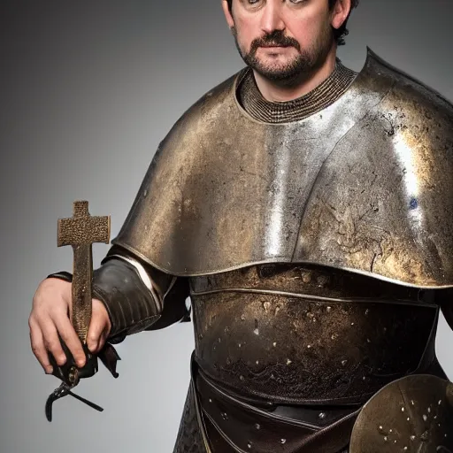 Image similar to richard iv the roman king photo, real human, soft studio lighting, 6 0 mm lens in full armor, pregnancy belly