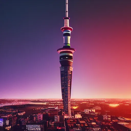 Image similar to auckland city and sky tower furturistic beacon, dynamic lighting, cinematic composition, upside down stranger things, cyberpunk, evil, artstation, octane render