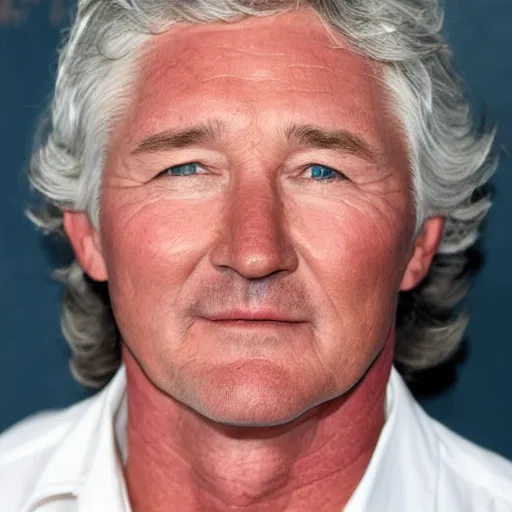 Image similar to patrick duffy, he has very long length straight grey hair, wearing a white shirt