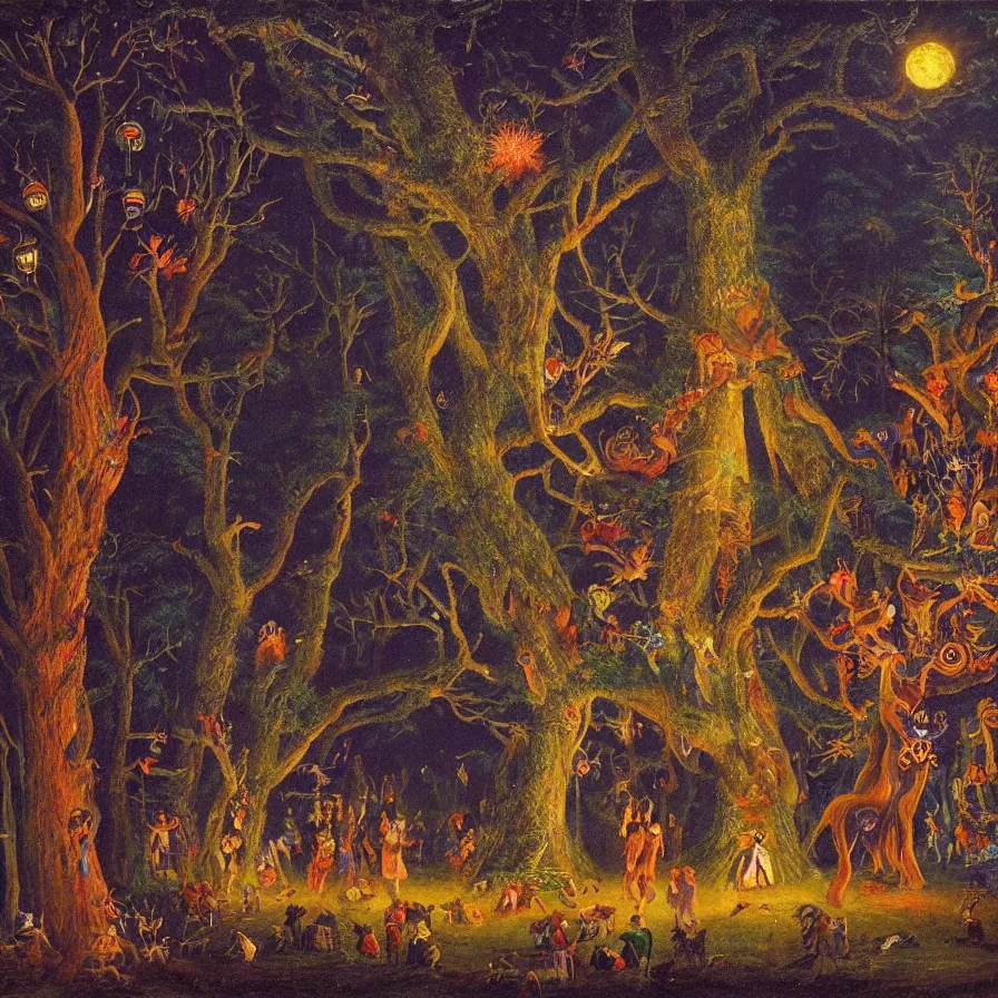 Prompt: a night carnival around a magical tree cavity, with a surreal orange moonlight and fireworks in the background, next to a lake with iridiscent water, christmas lights, folklore animals and people disguised as fantastic creatures in a magical forest by summer night, masterpiece painted by julius schnorr von carolsfeld, dark night environment