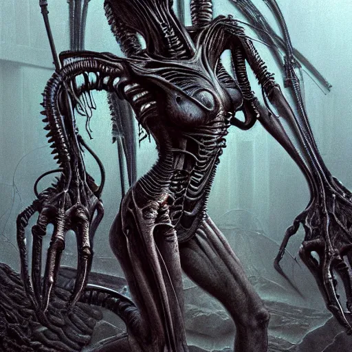 Image similar to a portrait of a beautiful biomechanic xenomorph queen of necropolis, horror concept art by giger and beksinski and szukalski, digital art, highly detailed, intricate, sci-fi, sharp focus, Trending on Artstation HQ, deviantart, unreal engine 5, 4K UHD image