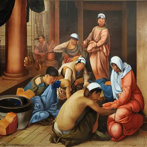 Image similar to renaissance oil painting of exploited chinese workers in an iphone manufacturing plant