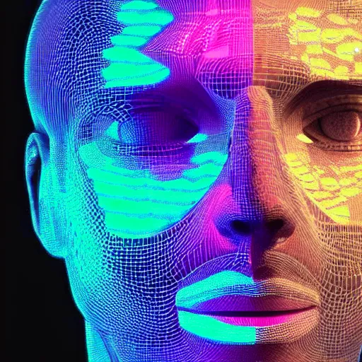 Image similar to a 3d human head made up of shiny holograms