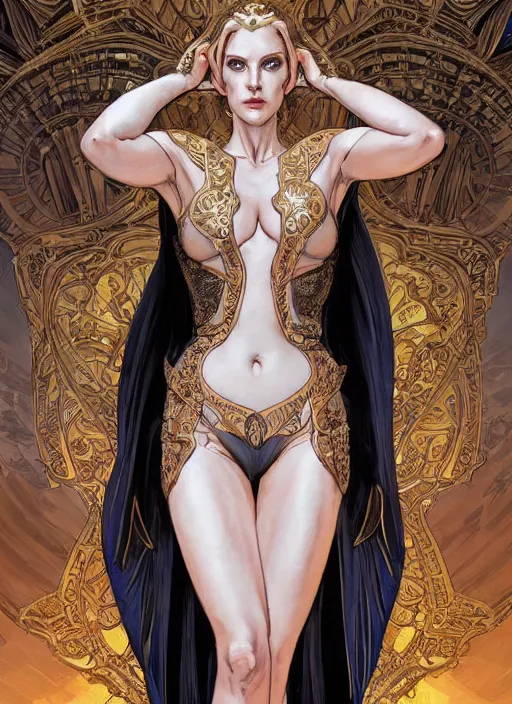 Prompt: symmetry!! intense fanart of back pose of emma frost as acotar protagonist, traditional queen dress, intricate, hyper detailed background, elegant, highly detailed, my rendition, digital painting, artstation, concept art, smooth, sharp focus, illustration, art by artgerm, greg rutkowski and alphonse mucha, by hajime sorayama and boris vallejo