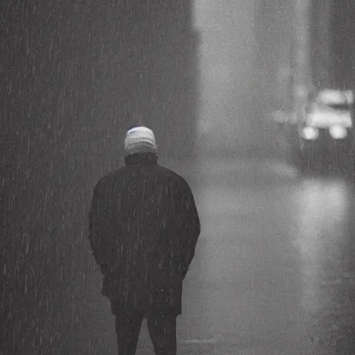 Prompt: closeup portrait of a man fishing in a rainy new york street, photography, world press photo