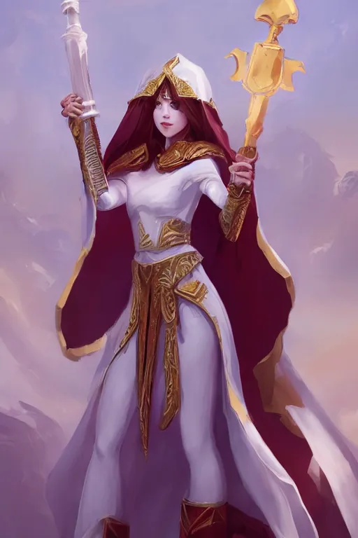 Prompt: Full-body picture of beautiful young priestess, White and gold robes, red waist-long hair, mace and shield, dungeon and dragons, high fantasy, alluring, artstationhd, artstationhq, trending in artstation, safebooru