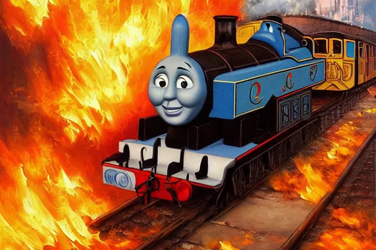 Image similar to portrait thomas the tank engine on fire rolling through london, an oil painting by ross tran and thomas kincade