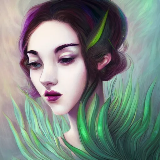 Image similar to portrait of a woman inspired by lois van baarle, iridescent, plants on the head, nature