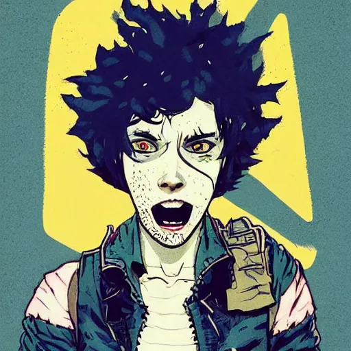 Image similar to Highly detailed portrait of a punk zombie young lady with freckles and brown curly hair hair by Atey Ghailan, by Loish, by Bryan Lee O'Malley, by Cliff Chiang, was inspired by image comics, inspired by scott pilgrim, inspired by graphic novel cover art !!!electric blue, brown, black, yellow and white color scheme ((grafitti tag brick wall background))