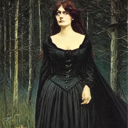 Image similar to A beautiful victorian woman, night, gothic dress, flowing hair, oil painting, portrait, magical forest, glow, dramatic lighting, dramatic light, masterpiece, high detail, long shadow, amazing composition, detailed, high contrast, painted by Caspar David Friedrich