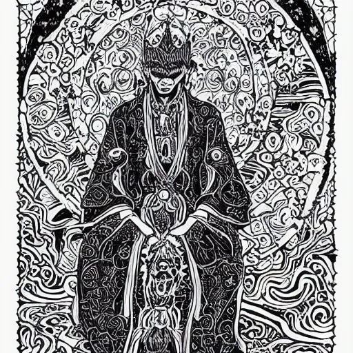 Prompt: black and white pen and ink!!!!!!! Suprani!!!!! wizard Nick Drake wearing High Royal flower print robes flaming!!!! final form flowing ritual royal!!! Contemplative stance Vagabond!!!!!!!! floating magic swordsman!!!! glides through a beautiful!!!!!!! Camellia!!!! Tsubaki!!! death-flower!!!! battlefield behind!!!! dramatic esoteric!!!!!! Long hair flowing dancing illustrated in high detail!!!!!!!! by Hiroya Oku!!!!!!!!! graphic novel published on 2049 award winning!!!! full body portrait!!!!! action exposition manga panel black and white Shonen Jump issue by David Lynch eraserhead and beautiful line art Hirohiko Araki!! Frank Miller, Kentaro Miura!, Jojo's Bizzare Adventure!!!! 3 sequential art golden ratio technical perspective panels horizontal per page