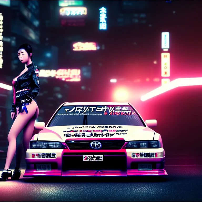 Image similar to toyota jzx 1 0 0 drift, detailed - wheels, shibuya prefecture, cyberpunk female supermodel in front, cinematic lighting, photorealistic, night photography, octane render