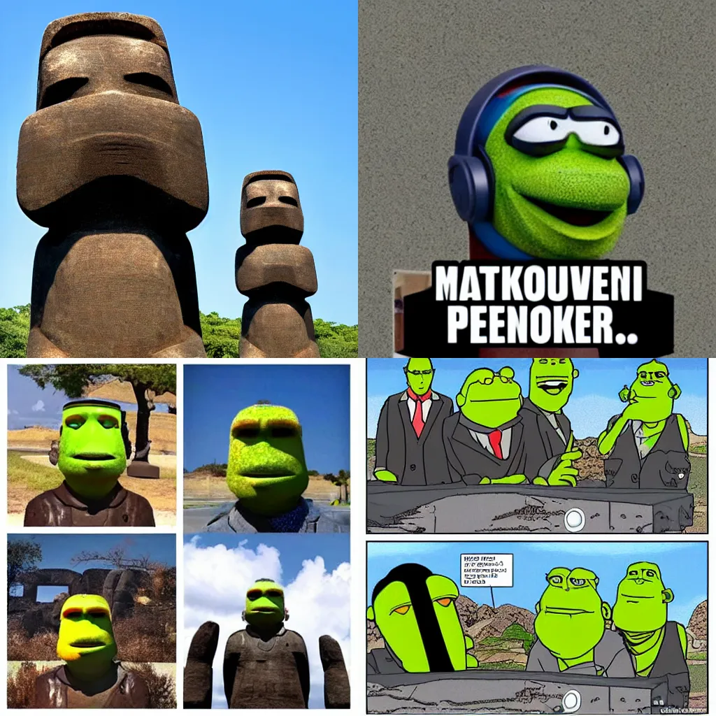 Prompt: a hilarious moai statue bottom text iFunny jordan peterson muppet Squirtle Shrek Hiroshima bomb daft punk meme