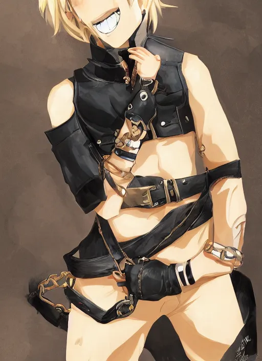 Image similar to a blonde boy thief in leathers with a metal armband in the style of krenz cushart