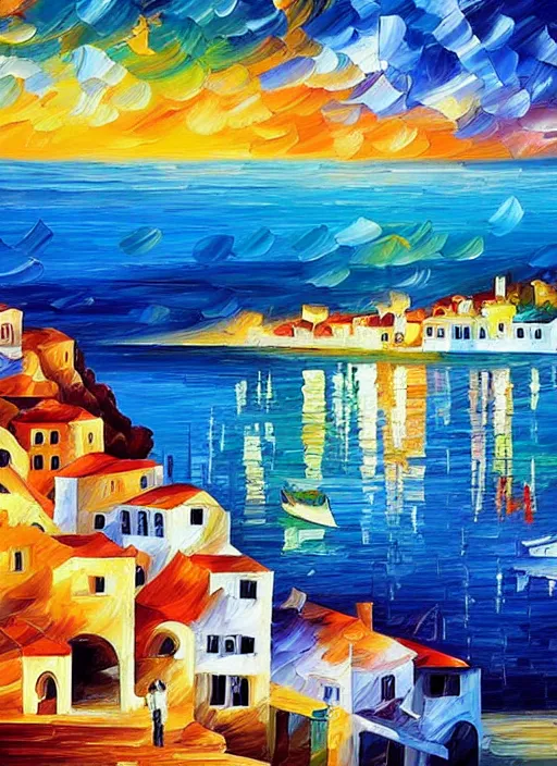 Image similar to beautiful seaside greek village in the style of leonid afremov