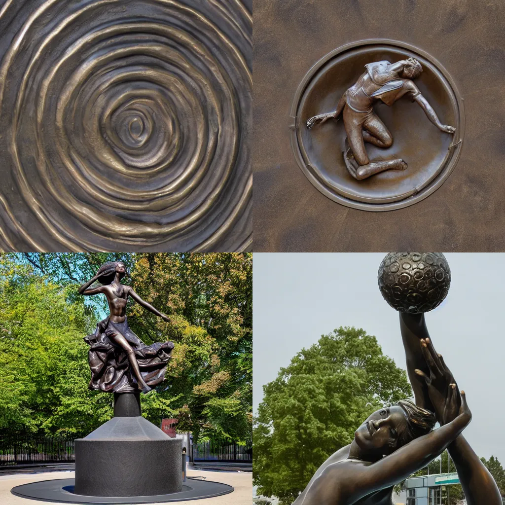 Prompt: high resolution photograph of a bronze sculpture in a roundabout