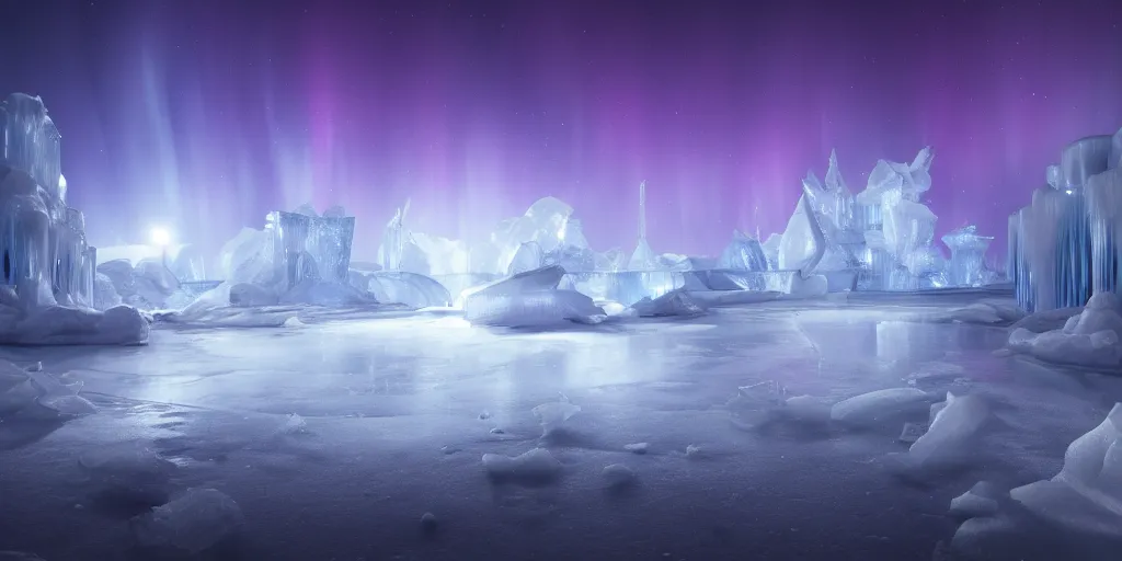 Image similar to very reflective ice palace, aurora sky, very reflective cinematic lighting, atmospheric lighting, focus, ultra realistic, detailed, award winning, trending on artstation, digital art