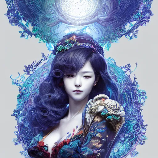 Image similar to the portrait of a blueberry that resembles an absurdly beautiful, graceful, elegant, sophisticated gravure idol, an ultrafine hyperdetailed illustration by kim jung gi, irakli nadar, intricate linework, bright colors, octopath traveler, final fantasy, unreal engine 5 highly rendered, global illumination, radiant light, detailed and intricate environment