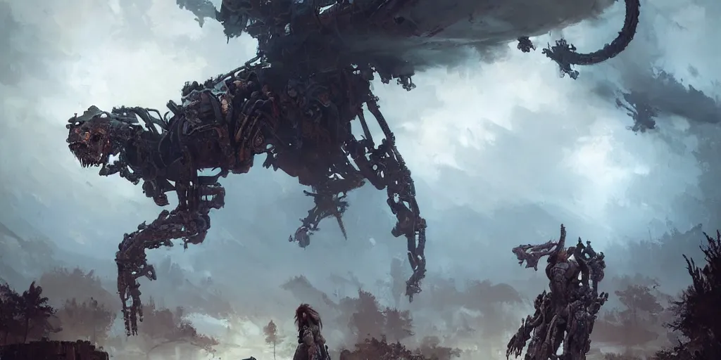 Prompt: beautiful painting by jeremy mann, a mechanical jaguar creature of horizon forbidden west horizon zero dawn, concept art by artgerm and greg rutkowski, fantasy, desaturated, ominous, unsettling, sharp focus, octopath traveler, unreal engine highly rendered, global illumination, dramatic lighting, misty