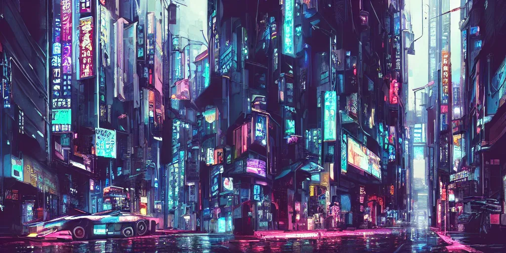 Prompt: Cyberpunk street on a rainy day in Japan, low angle view, detailed matte painting, cinematic, Moebius, Artstation