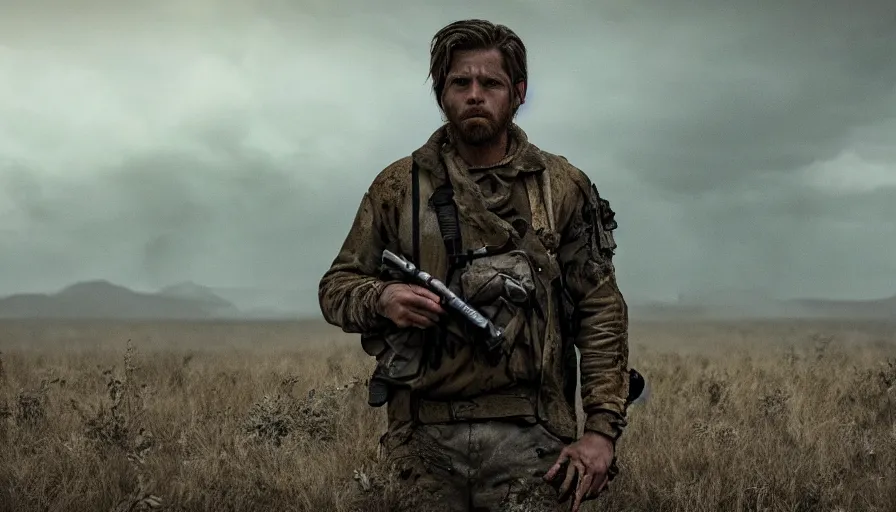 Image similar to lone survivor man holding walkie - talkie!! in post - apocalyptic nature landscape. movie screenshot. shallow depth of field, cinematic. cinematic composition