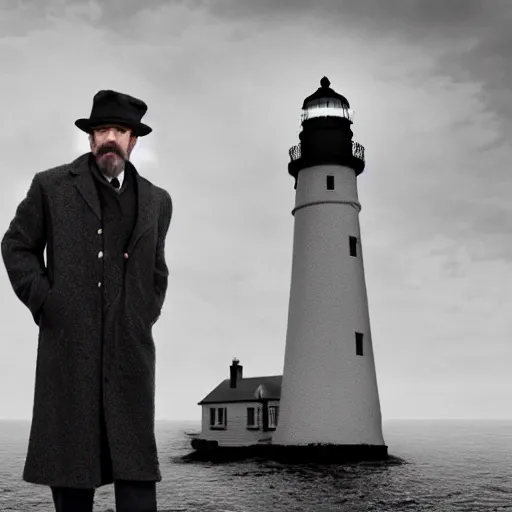 Image similar to Live Action Still of Jerma985 in a film as a Lighthouse Keeper with an overcoat, hat, and beard, black and white, hyperrealistic, ultra realistic, realistic, highly detailed, epic, HD quality, 8k resolution, body and headshot, film still