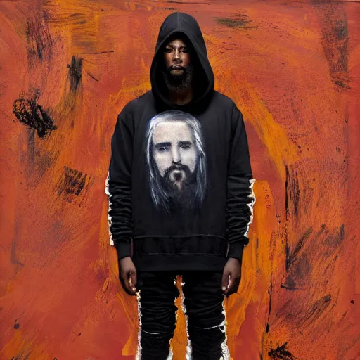 Image similar to a full body lookbook portrait of modern - day jesus wearing virgil abloh streetwear collection by nicola samori, hat and hoodie, detailed, oil painting, hyper - realistic, 8 k, yeezy collection