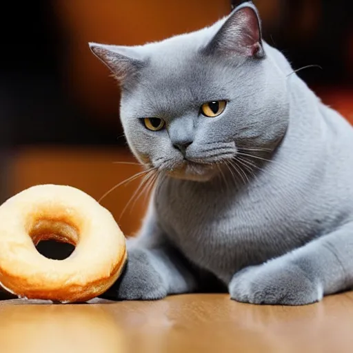 Prompt: a blue british shorthair cat eating a donut, photo,