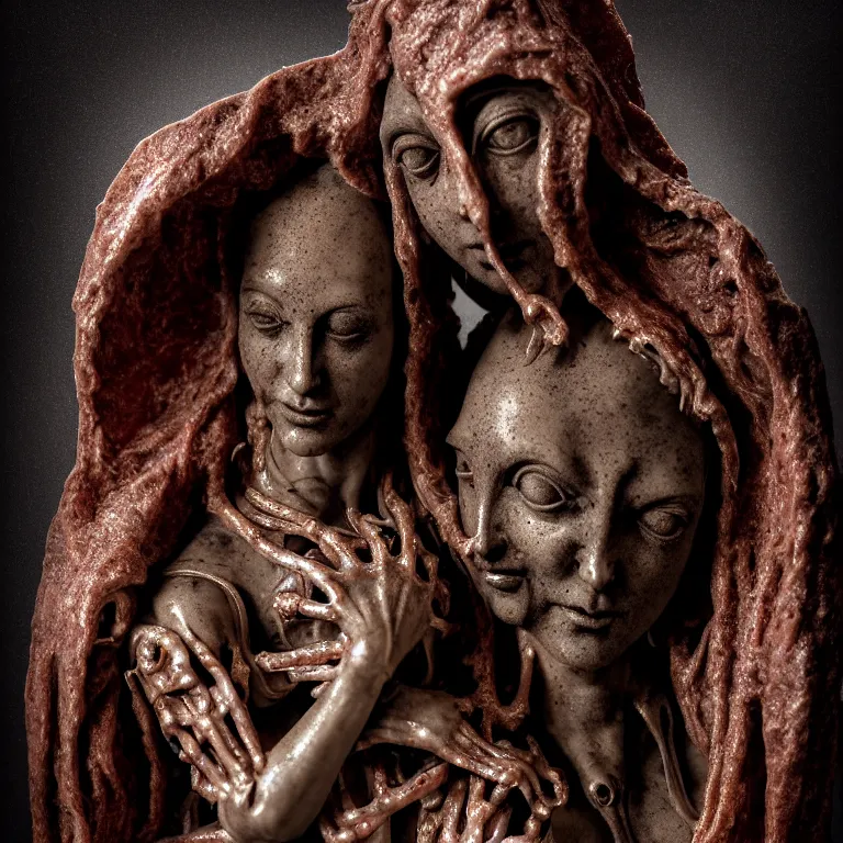 Prompt: dark biomechanical ribbed religious sculpture statue of Madonna and Jesus made of rotten flesh meat, suffering, pastel colorful mold, baroque painting, beautiful detailed intricate insanely detailed octane render, organic 8K artistic photography, photorealistic, chiaroscuro, Raphael, Caravaggio, Giger, Beksinski, black background, volumetric light