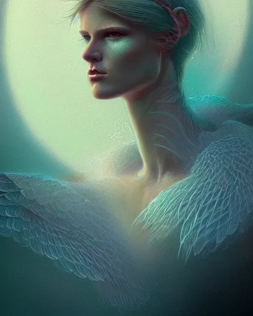 Prompt: complete and delicate portrait of a goose, beautiful, agile, fairy, myth, legend, detailed, trending on artstatioin, light effects, kilian eng, john harris, bastien lecouffe - deharme