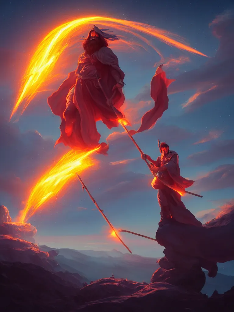 Image similar to levitating wizard wielding a spear opening a shining portal pulsating in the night sky, horizon of an erupting volcano, digital painting, cgsociety, artstation, highly detailed, cinematic lighting